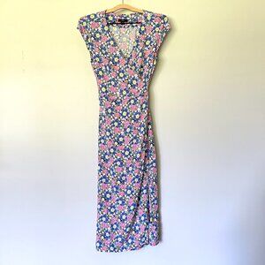 J. Crew Dress Size XS Midi Wrap In Soft Rayon Blue And Pink Flowers Short Sleeve